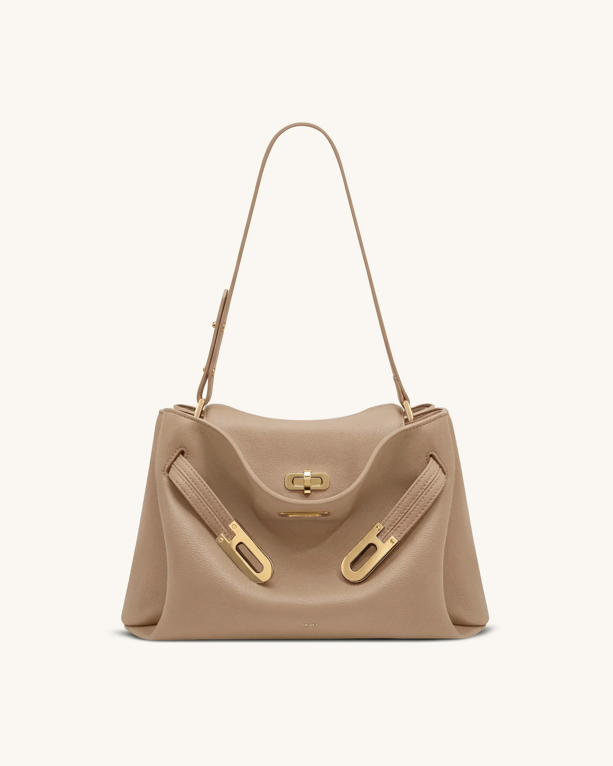 Rhea Pebbled Double Buckle Shoulder Bag - Khaki | JW PEI US