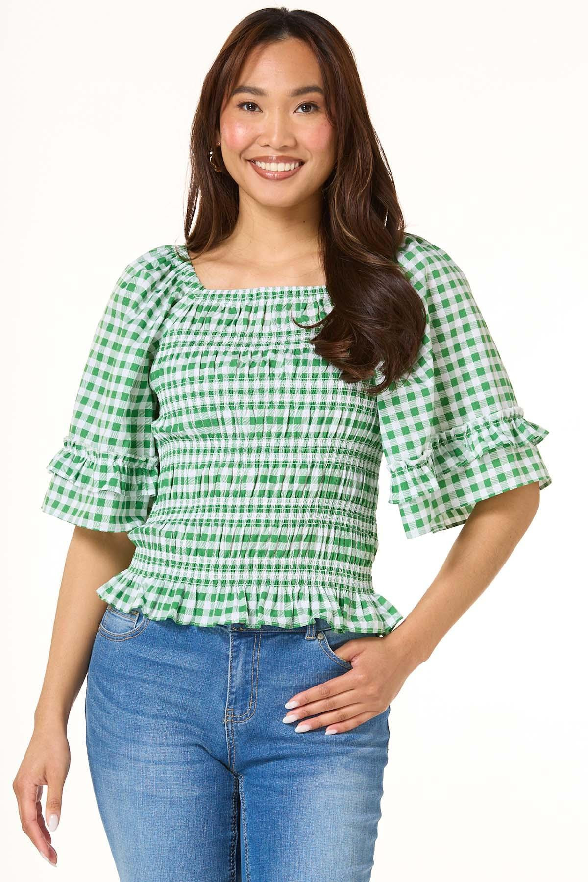 Smocked Green Gingham Top - Green | Cato Fashions