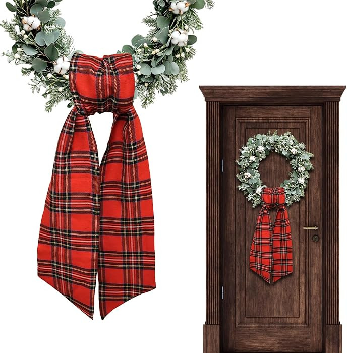 Christmas Wreath Sash for Front Door, Red Plaid Burlap Ribbon Sash Xmas Holiday Wreath Accessorie... | Amazon (US)