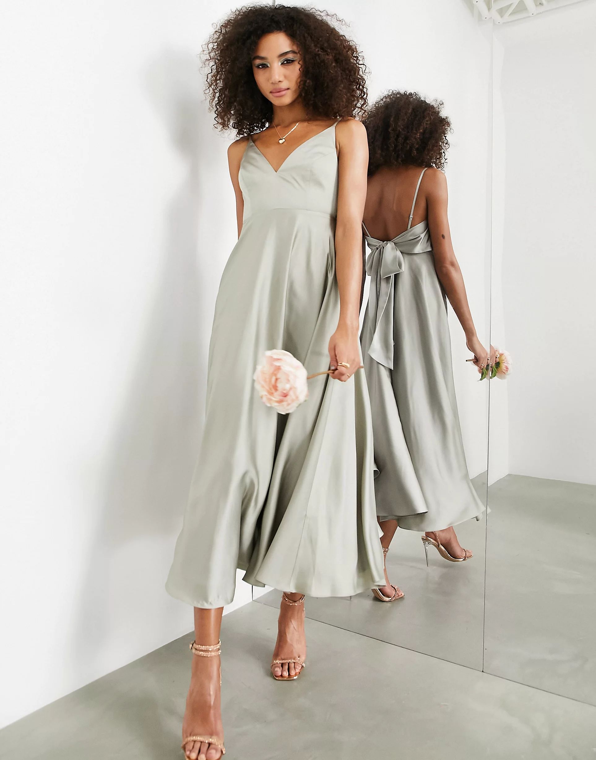 ASOS EDITION satin midi dress with tie back in sage green | ASOS (Global)