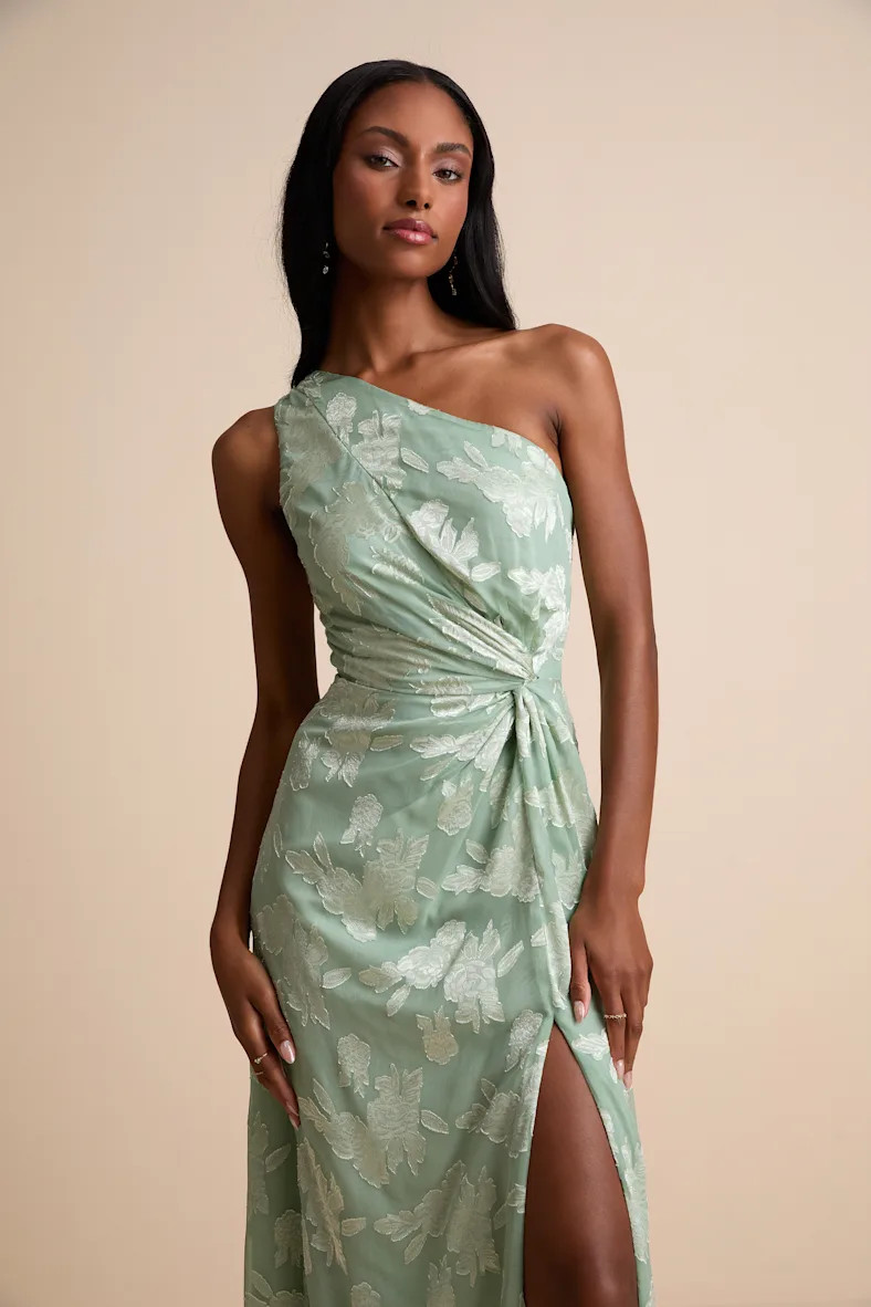 Renni Sage Green Floral Jacquard One-Shoulder Maxi Dress | Lulus