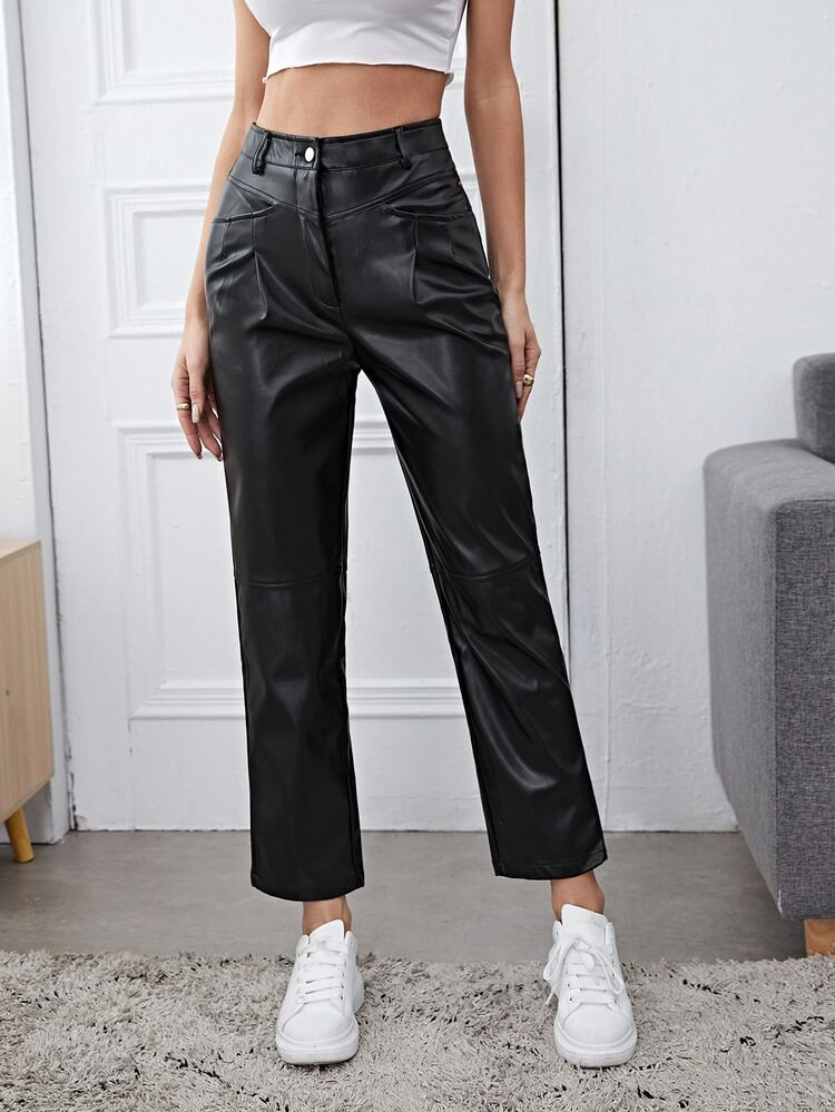 SHEIN Zipper Fly Pocket Detail PU Pants | SHEIN