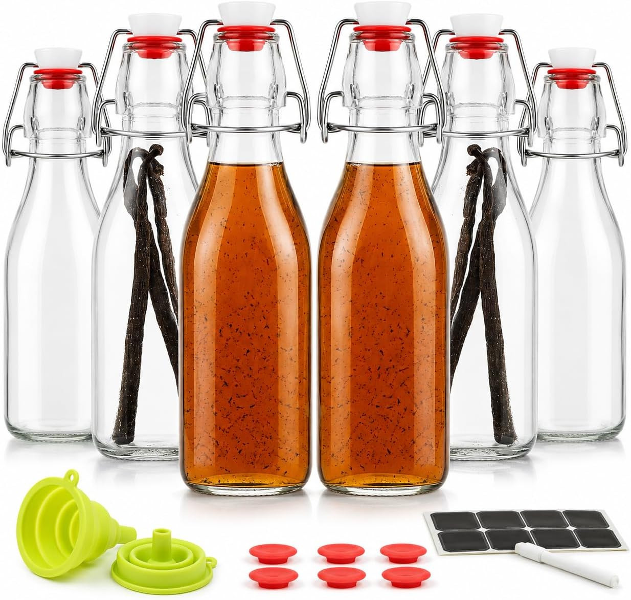 WILLDAN Set of 6-8.5oz Swing Top Glass Bottles - Flip Top Brewing Bottles For Kombucha, Kefir, Vanilla Extract, Beer - Airtight Caps and Leak Proof Lids, Bonus Gaskets and Funnel | Amazon (US)