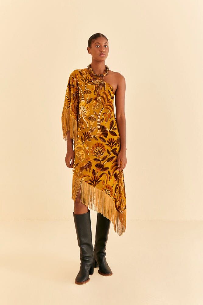 golden yellow velvet one shoulder fringe dress | FarmRio