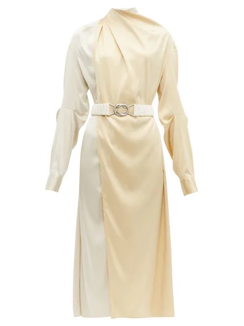 Bottega Veneta - Draped Two-tone Belted Silk-satin Dress - Womens - Cream Multi | Matches (US)