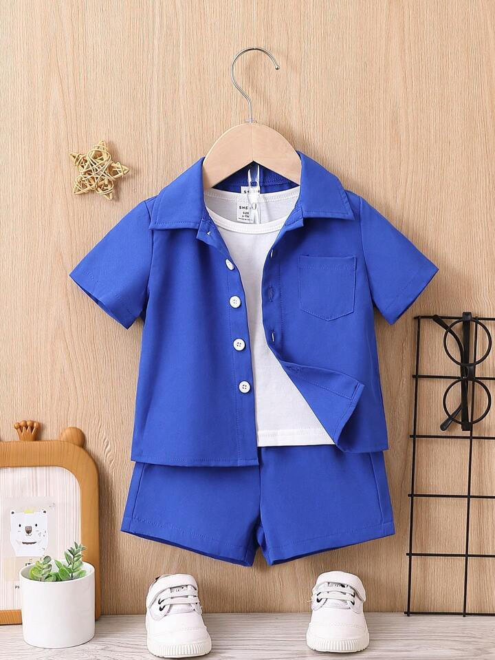 Baby Boy Solid Button Front Shirt & Shorts Without Tee | SHEIN