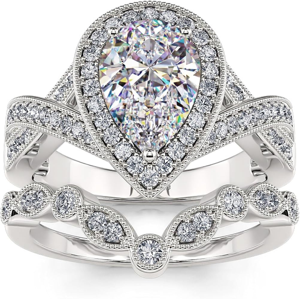 Jeulia 1.2ct Gemstone Engagement Ring Set for Women, Halo 2PCS Pear Cut Sterling Silver Rose Gold... | Amazon (US)