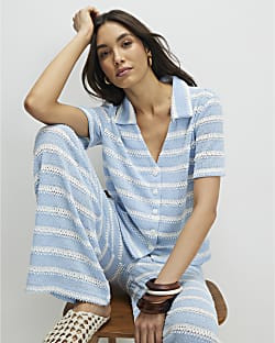 Blue Short Sleeve Striped crochet Shirt | River Island UK & IE