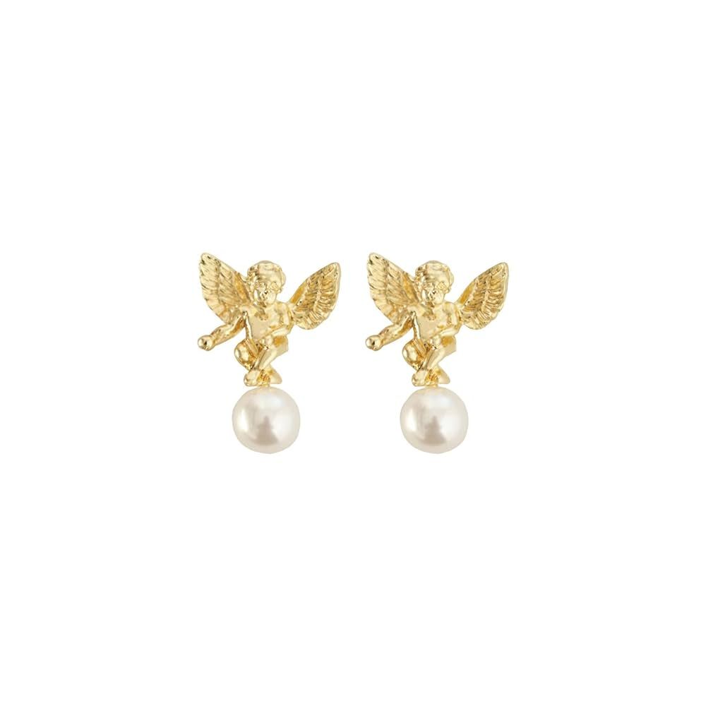 Dainty Pearls & Cute Cherub Charm Pendant Earrings, Pearls Dangling Earrings, Angel Stud Earrings... | Amazon (US)