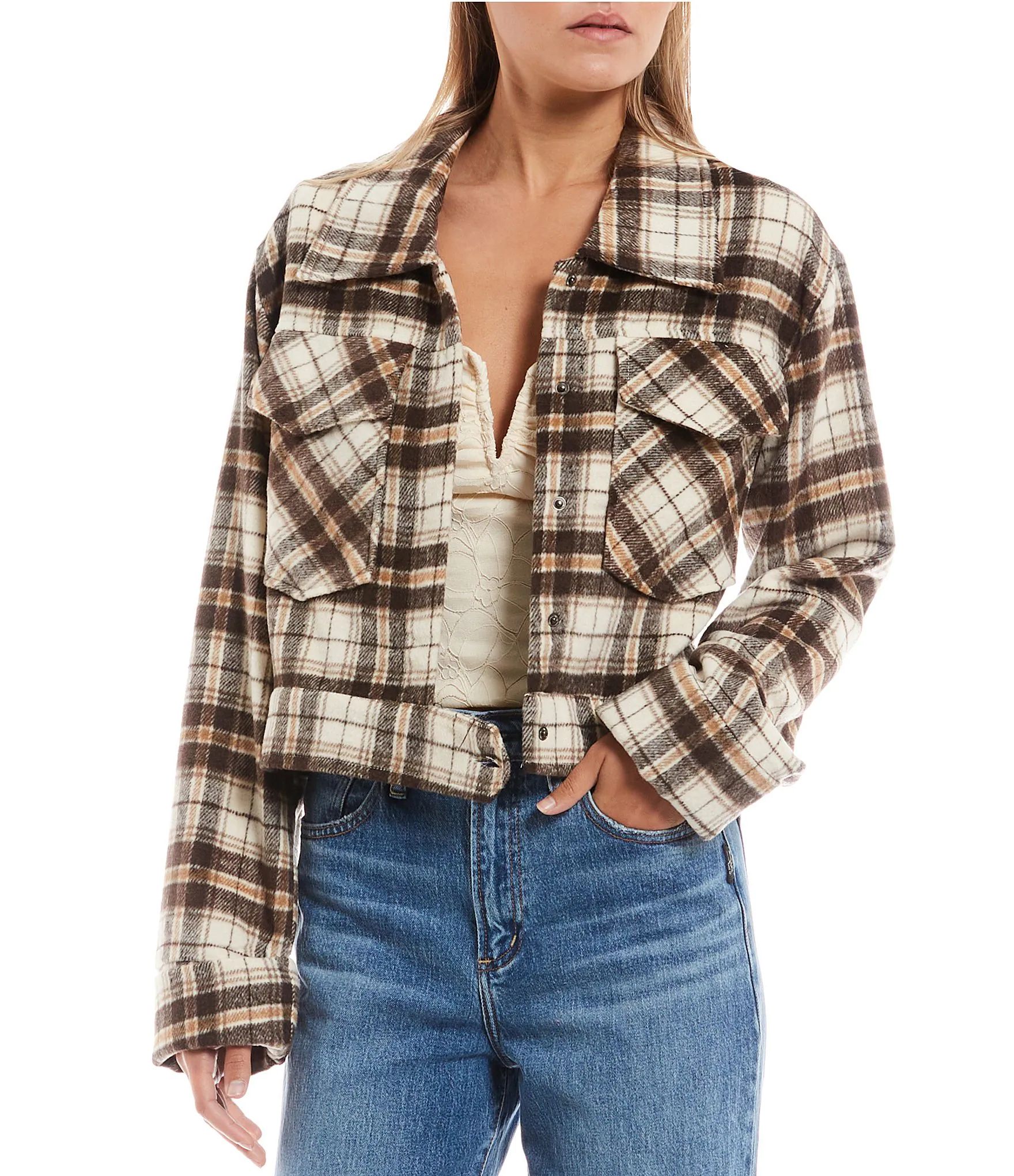 Cropped Plaid Print Button Up Shacket | Dillard's