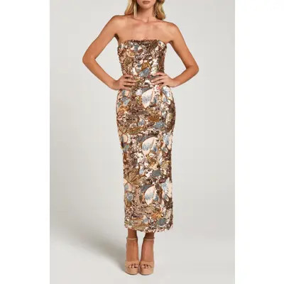 HELSI Leslie Pattern Sequin Strapless Gown in Gold/Platinum at Nordstrom, Size Small | Nordstrom