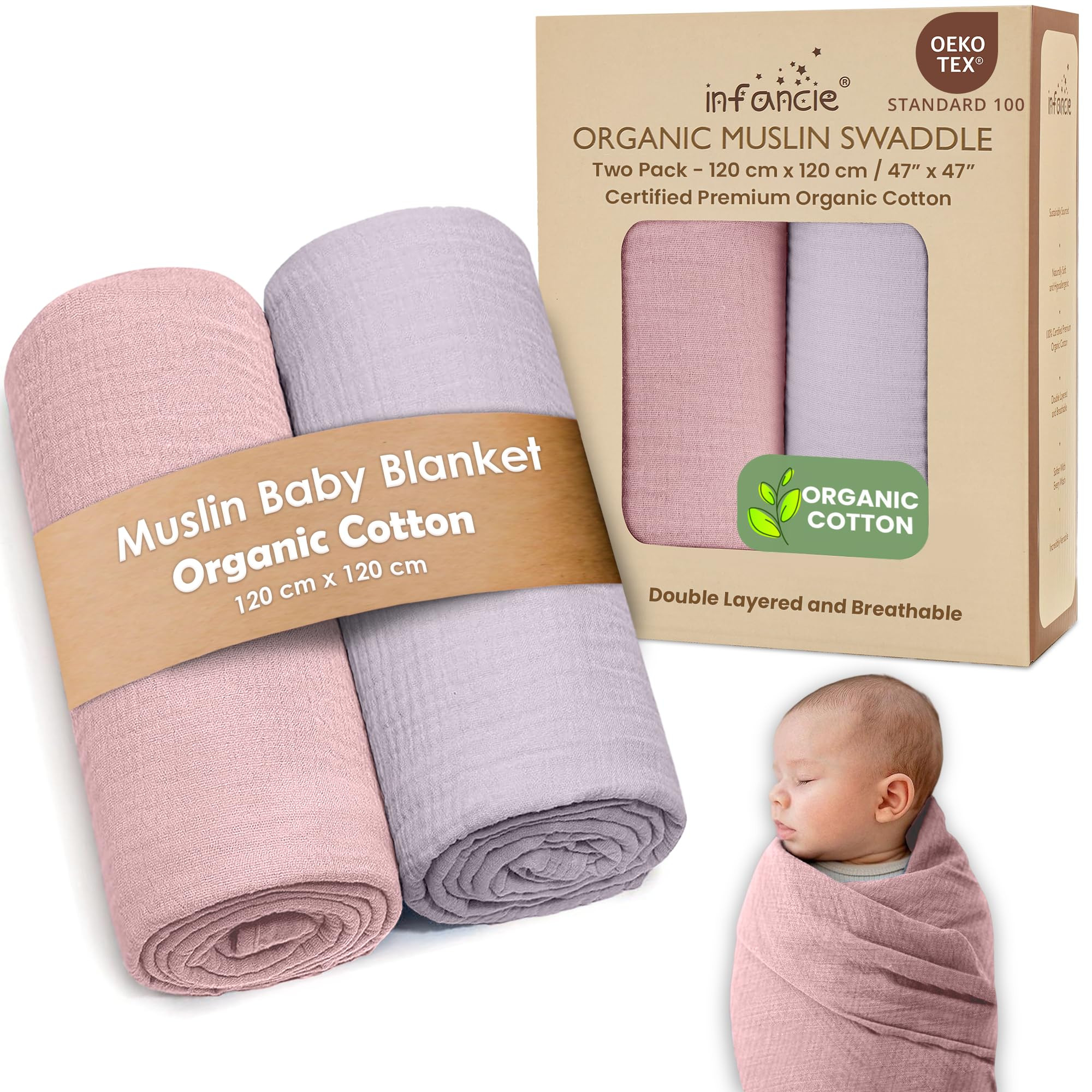 Organic Cotton Muslin Baby Blanket - 47x47 Inch Breathable Swaddle, Hypoallergenic Double-Layer, ... | Amazon (US)
