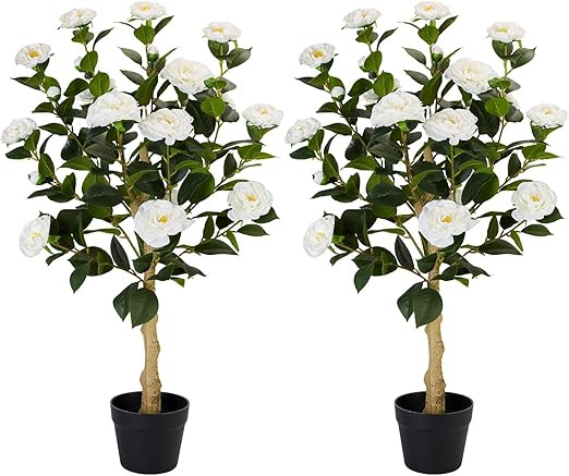 3FT Artificial Camellia Tree, 2 Pack Fake Camellia Tree Artificial Tree, Faux Floral Plants in Ce... | Amazon (US)