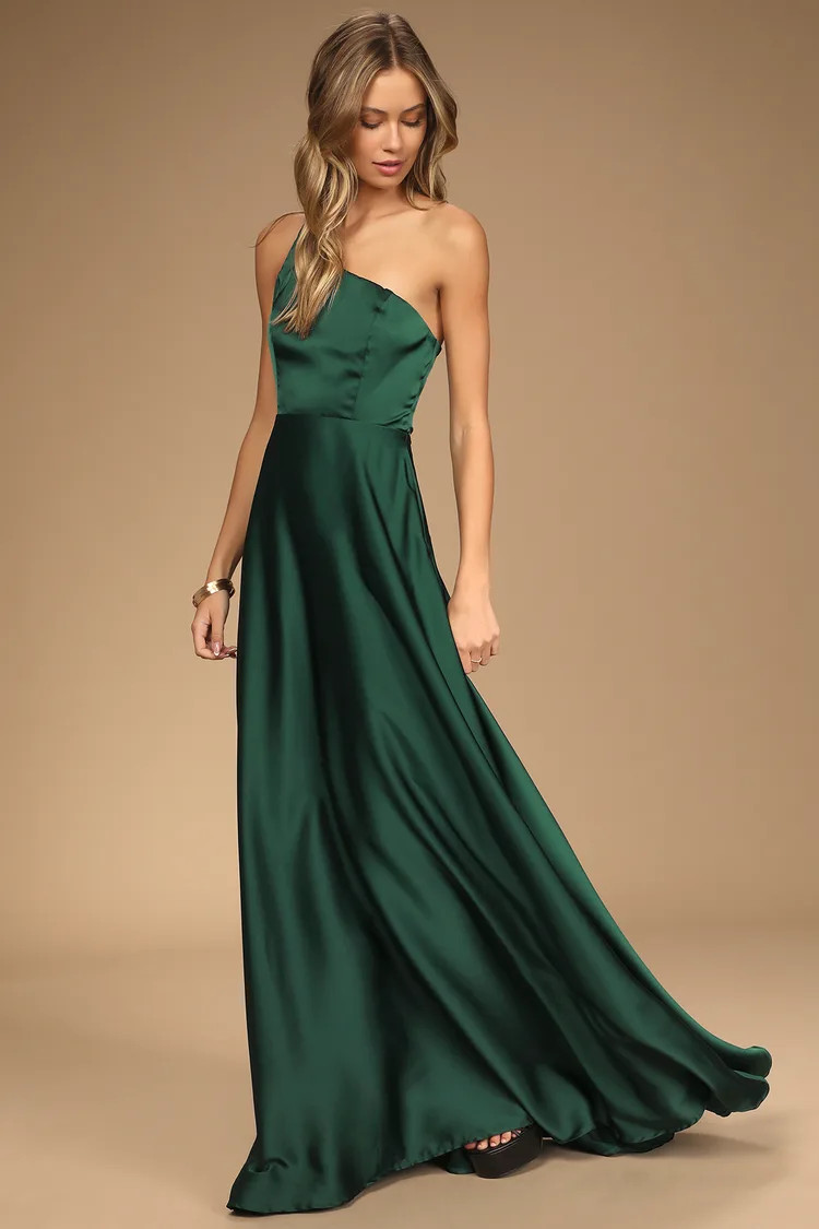 Love's Calling Green Satin One-Shoulder Maxi Dress With Pockets | Lulus (US)