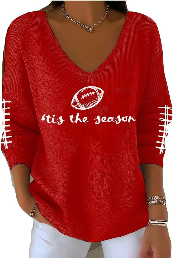 Women's Tis The Season Football V Neck Sweater Football Mom Sweatshirt | Amazon (US)