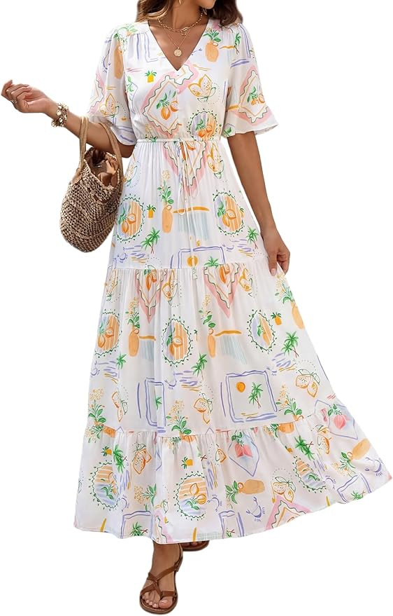 BTFBM Womens Summer Dresses 2026 Spring Casual Short Sleeve v Neck Boho Floral Flowy A-Line Tiere... | Amazon (US)