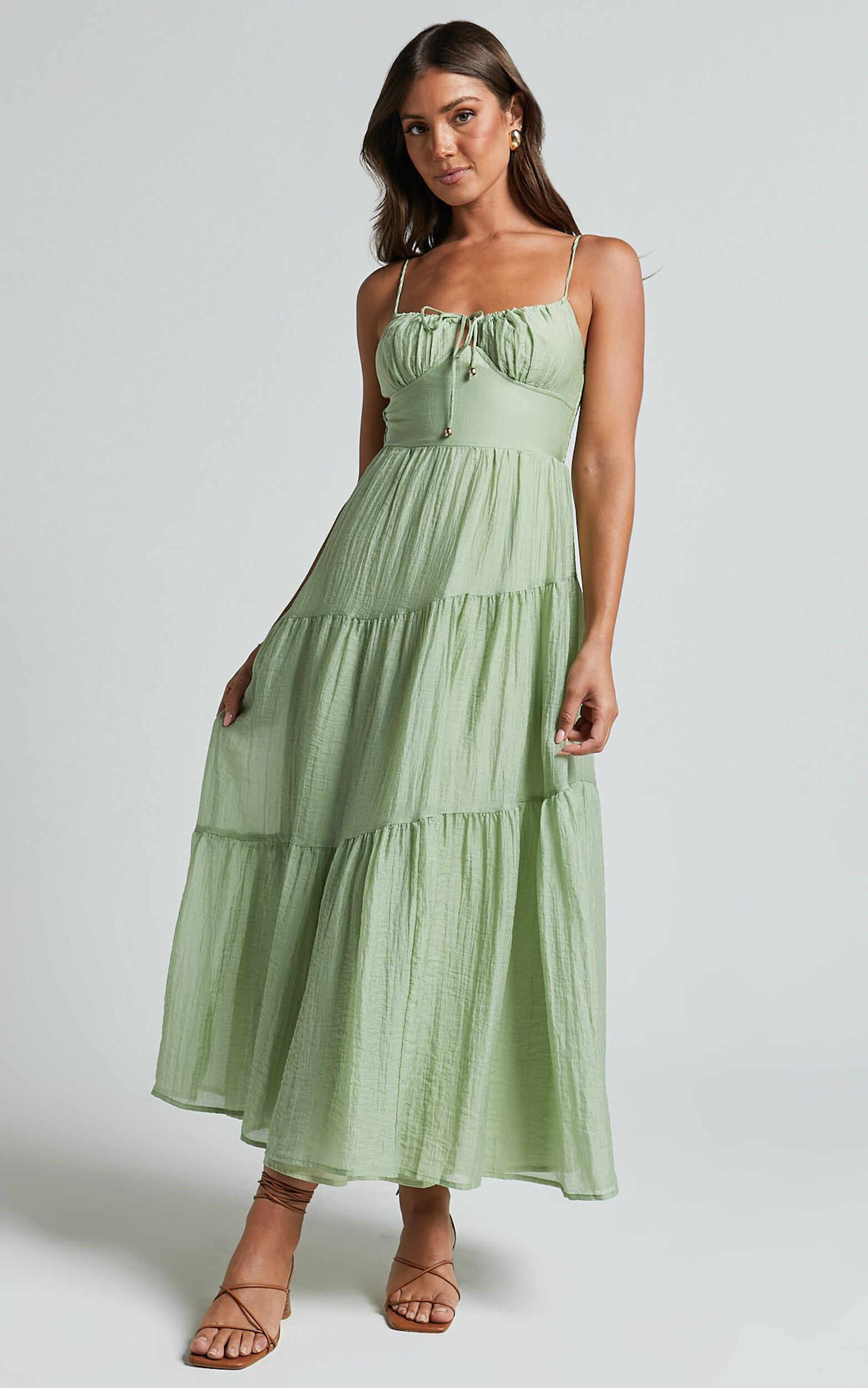 RODETH MIDI DRESS - RUCHED BUST TIE FRONT TIERED DRESS IN SAGE | Showpo (US, UK & Europe)