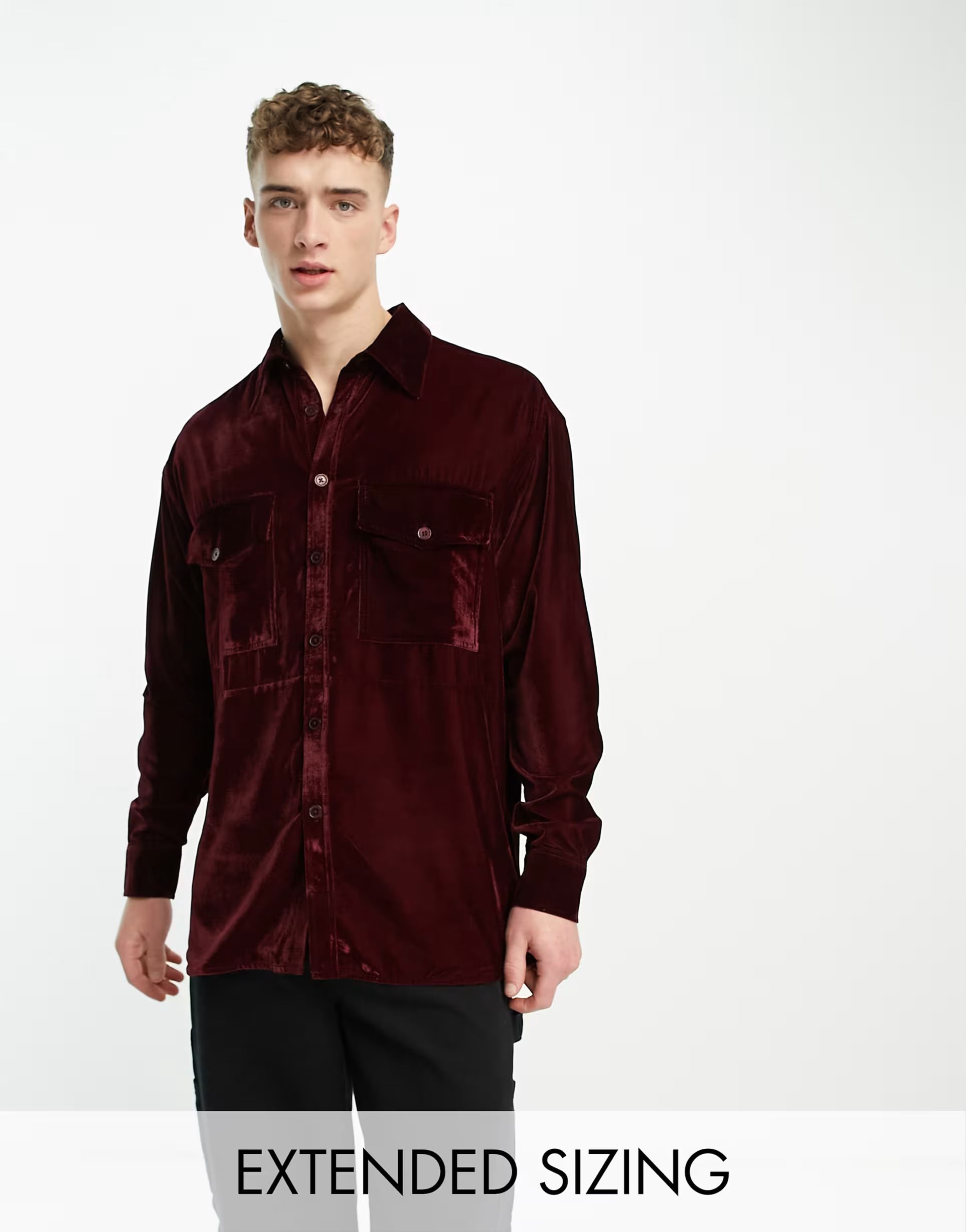 ASOS DESIGN oversized velvet shirt in burgundy with double pockets | ASOS (Global)