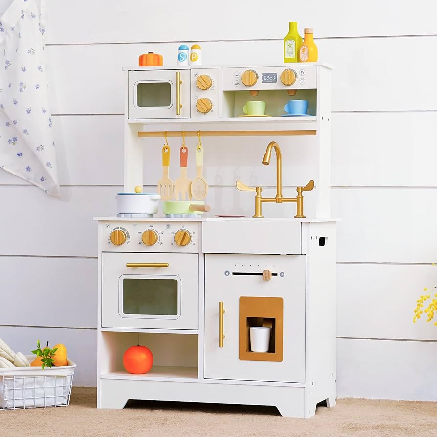 Wooden Play Kitchen for Kids with Ice Maker — Small White Pretend Kitchen Set with Sink, Stove,... | Amazon (US)