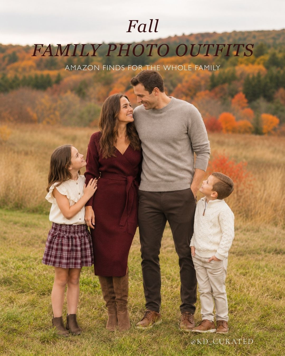 Fall family photo outfits for the whole crew, all from Amazon. The trick isn't matching everyone, it's picking one color story and letting each person land inside it. Here we've got a burgundy sweater dress, a soft gray crewneck, plaid and cream on the kids, and enough neutral in the middle to keep it from looking like a uniform. 

#LTKSeasonal #LTKStyleTip #LTKfamily #fallfamilyphotos #familyphotooutfits #falloutfits #amazonfinds 

 #LTKmomlife #LTKSeasonal #LTKKids