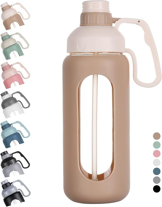 MUKOKO 56oz Glass Water Bottle with Straw, Motivational Water Bottle with Silicone Sleeves and Ha... | Amazon (US)