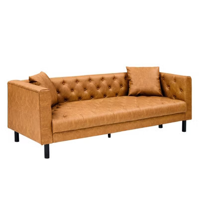 81" Mid-Century Modern Leather Sofa, Button-Tufted 3 Seater Sofa, with Deep Seats and 2 Pillows, for Living Room | Target