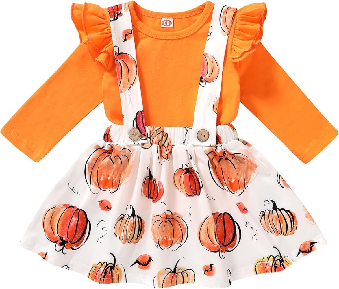 Halloween/Thanksgiving Kids Toddler Baby Girl Outfits Flying Sleeve Shirt+Turkey/Pumpkin Suspende... | Amazon (US)