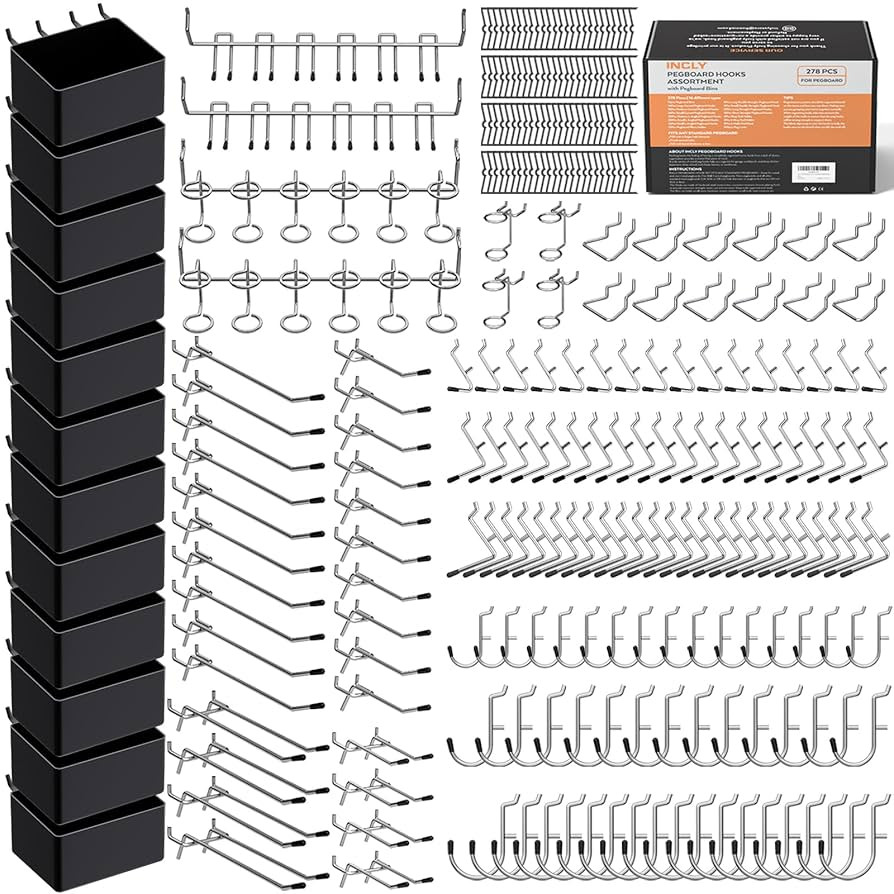 INCLY 278PCS Pegboard Accessories Organizer Kit, Peg Board Hooks Assortment with Bins for Organiz... | Amazon (CA)