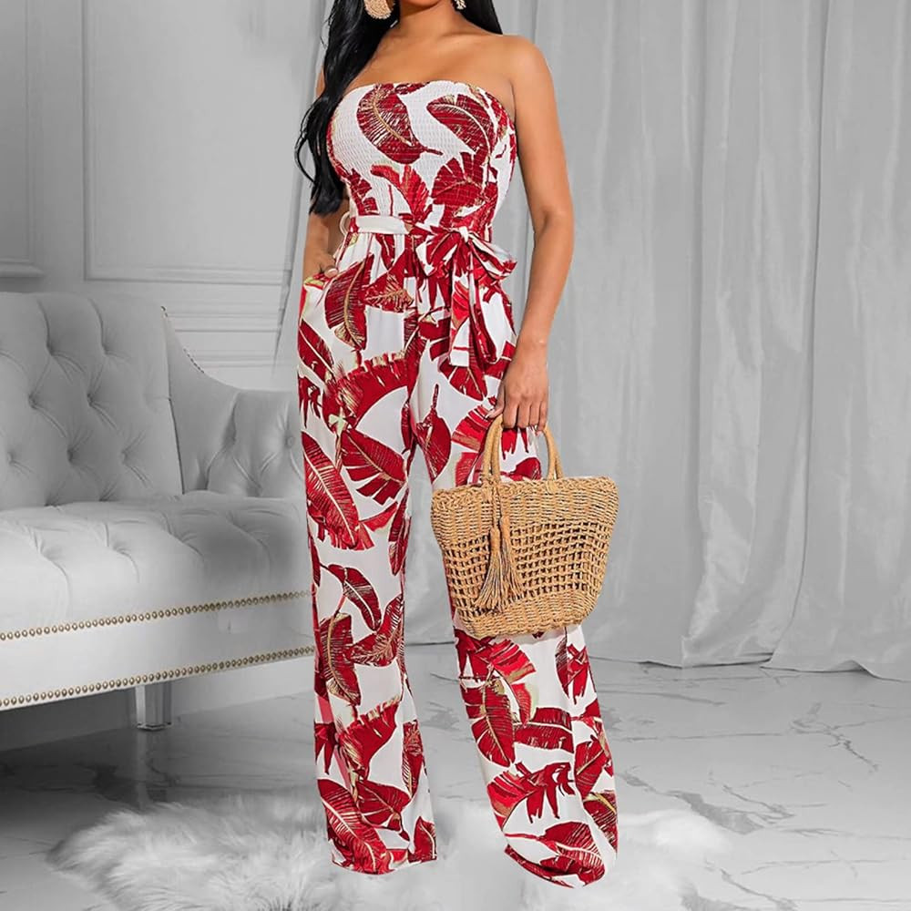 IyMoo Women's Casual Off Shoulder Smocked Solid Color Strapless Belted Wide Leg Jumpsuit Romper with | Amazon (US)