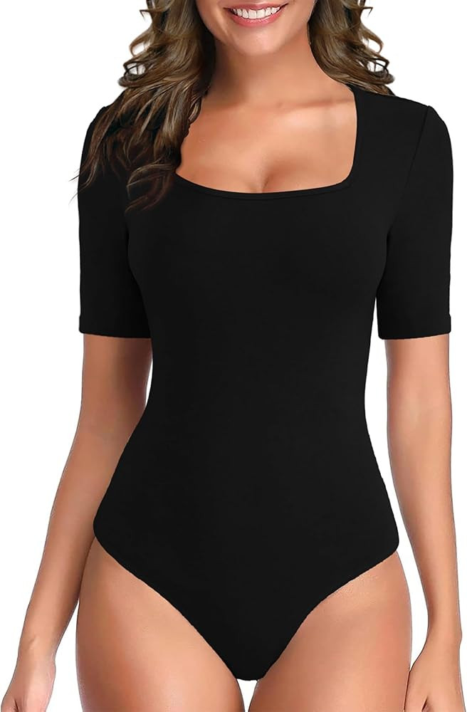 TQD Women's Square Neck Bodysuit Short Sleeve Bodysuit for Women Elbow Sleeve Tshirt Body Suit To... | Amazon (US)