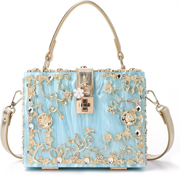 Ynport Women Acrylic Box Purse Elegant Flower Rhinestone Evening Clutch Floral Top Handle Tote Ha... | Amazon (US)