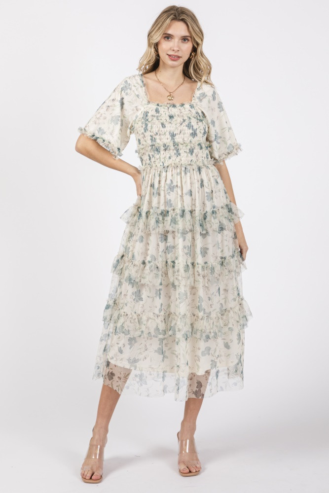 Cream Floral Tulle Smocked Ruffle Tiered Midi Dress | PinkBlush Maternity