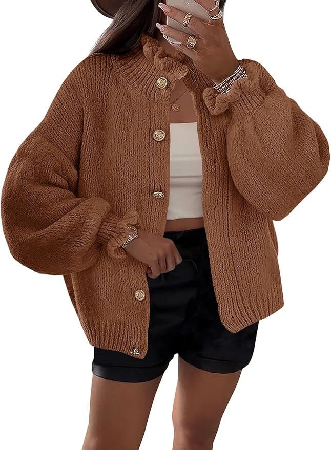 Saodimallsu Womens Ruffle Cardigan Oversized Button Up Fall Trendy Ribbed Knit Open Front Long Sl... | Amazon (US)