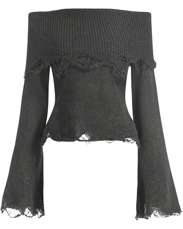 SOLY HUX Women's Ripped Sweaters Off Shoulder Bell Long Sleeve Pullover Tops | Amazon (US)