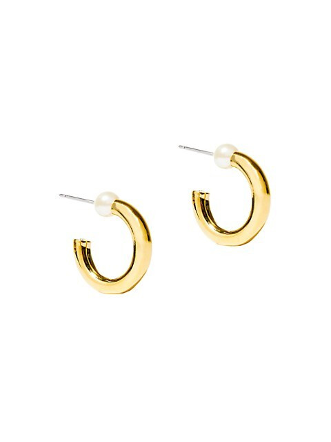 Chunky 14K Goldplated Faux Pearl Huggie Hoops | Saks Fifth Avenue