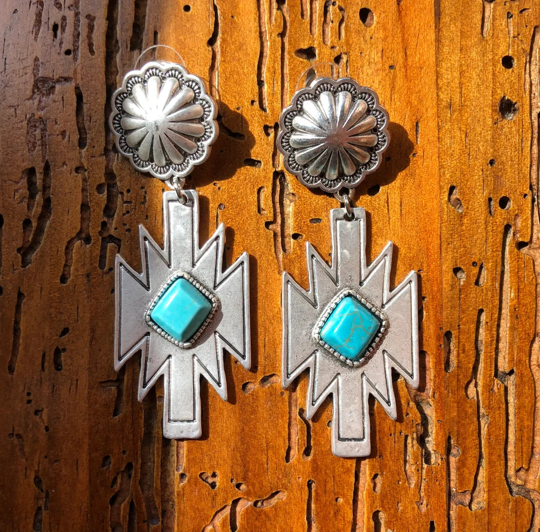 2.8" Concho Post, Aztec Natural Turquoise Earrings | Etsy (US)