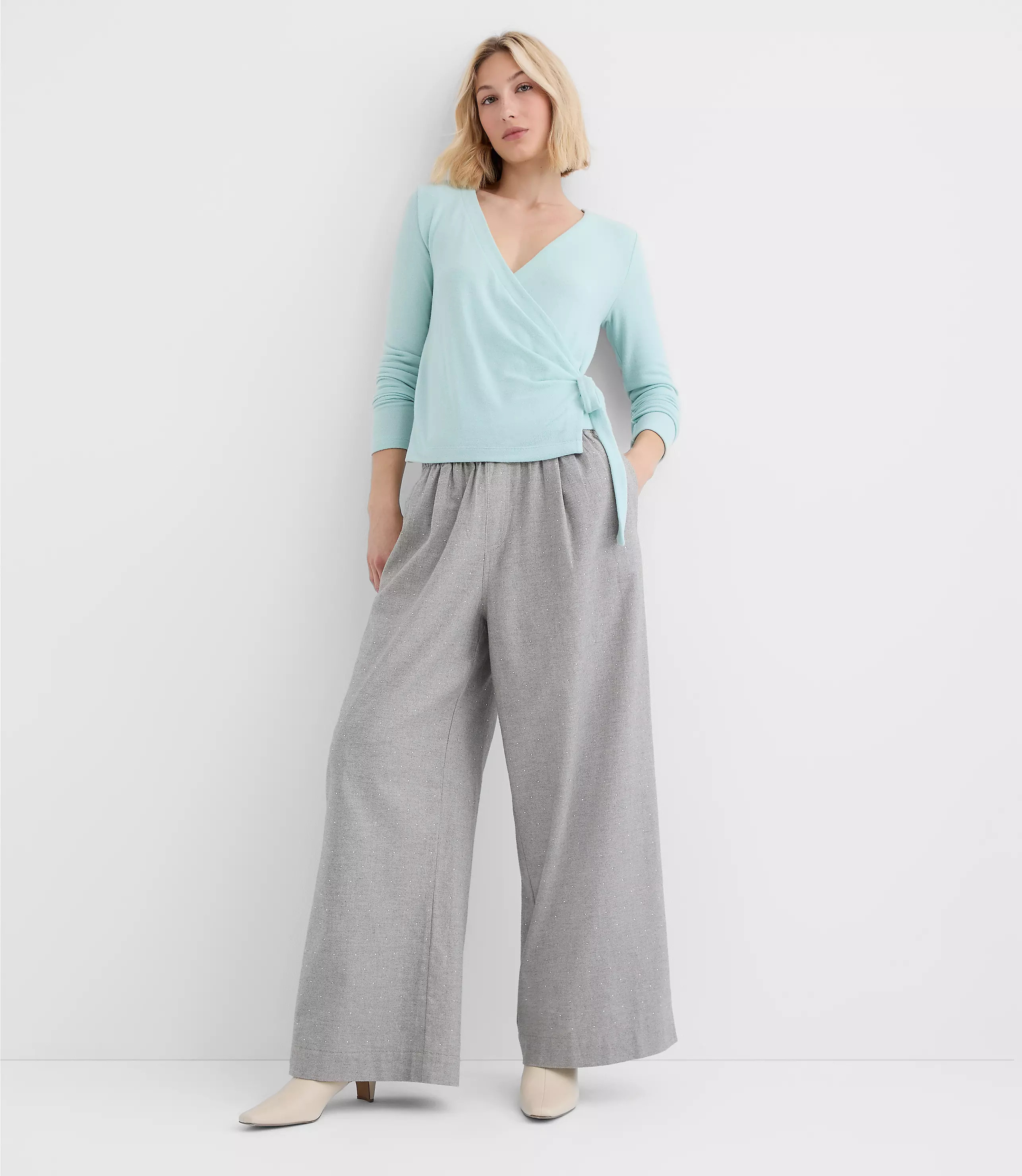 Pleated Pull On Wide Leg Pants in Herringbone | LOFT