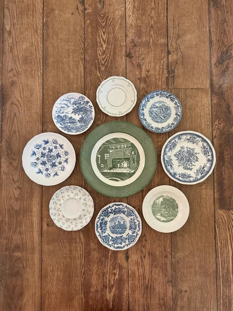 Mismatched 9 piece Vintage Plate Set,  blue and green instant plate wall, Transferware Wall Decor... | Etsy (Global)