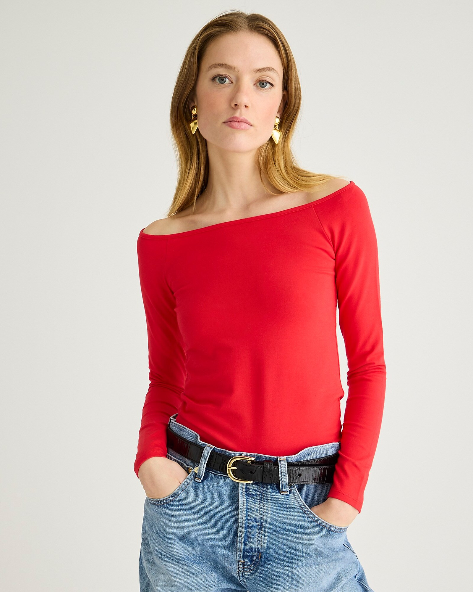 Off-the-shoulder long-sleeve shirt in stretch cotton | J. Crew US