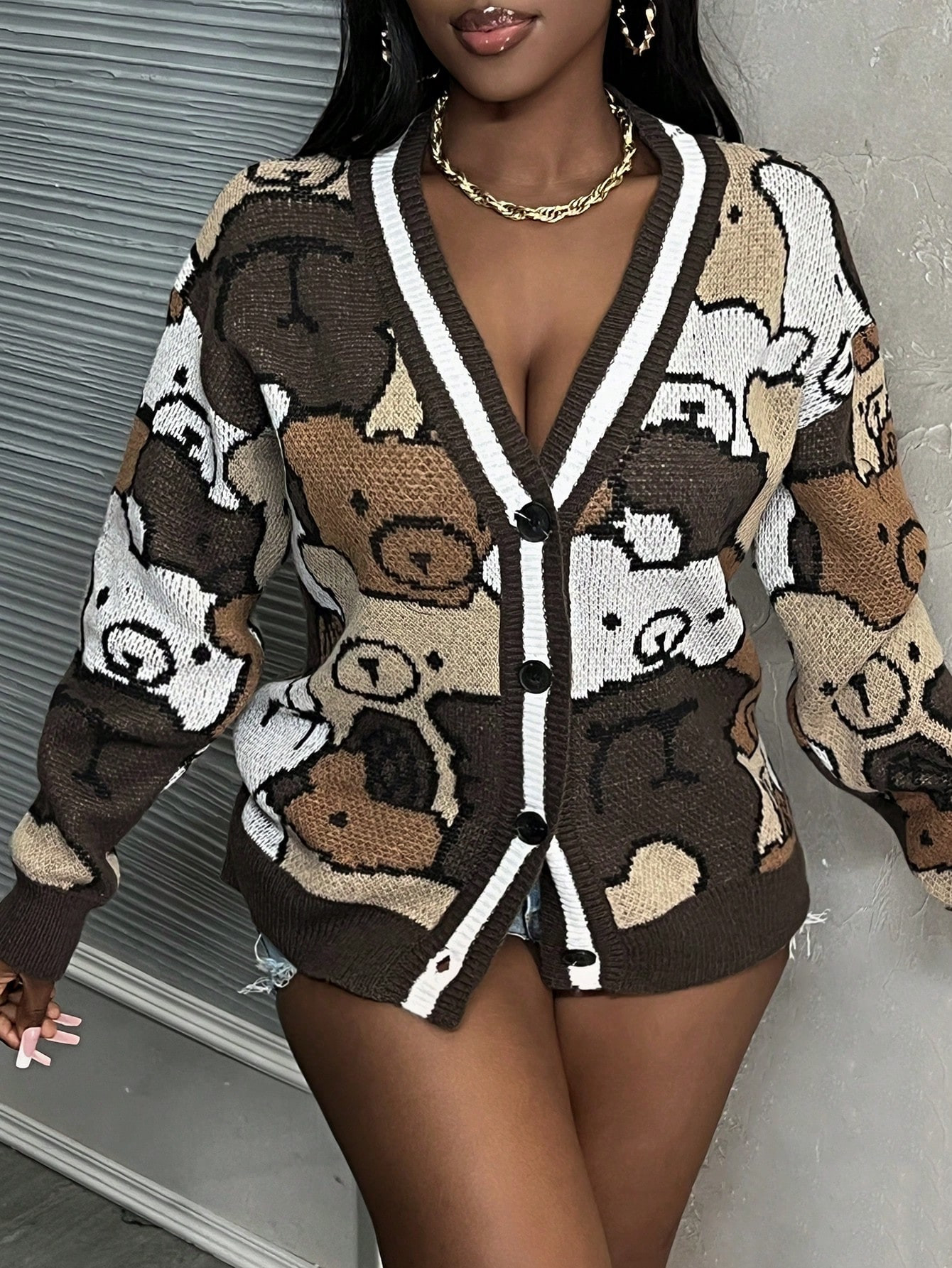 SHEIN Slayr Casual Home Bear Printed Front Buttoned Long Sleeve Knitted Cardigan | SHEIN