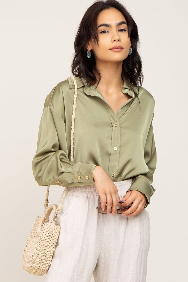 Light Olive Satin Button Up Blouse | PinkBlush Maternity