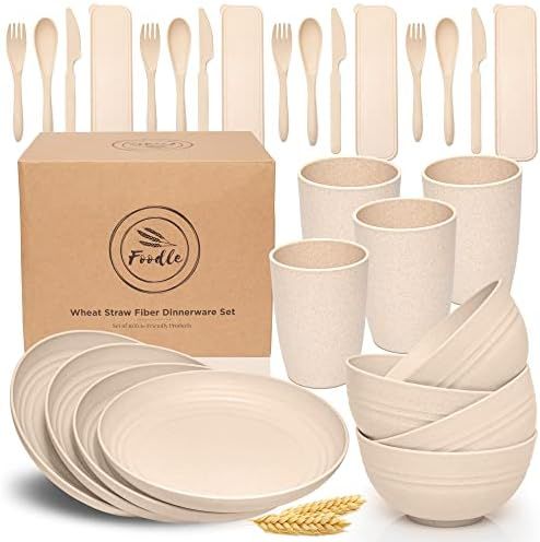 FOODLE Wheat Straw Dinnerware Sets - (28pcs) Lightweight & Unbreakable Dishes - Microwave & Dishw... | Amazon (US)