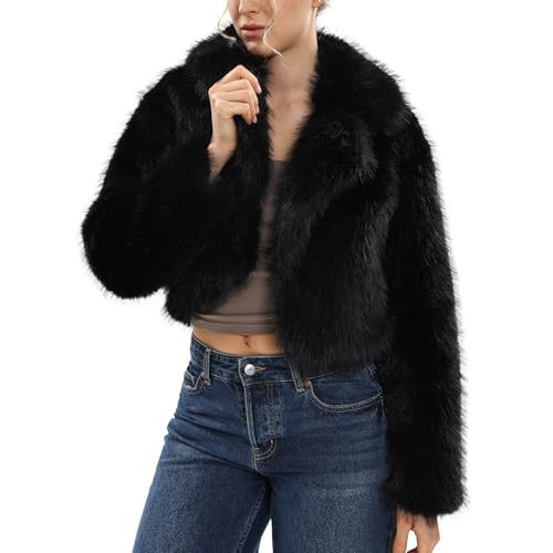 Amazhiyu Women's Faux Fur Crop Lapel Jackets Open Front Long Sleeve Coat Pockets Black, X-Large | Amazon (US)