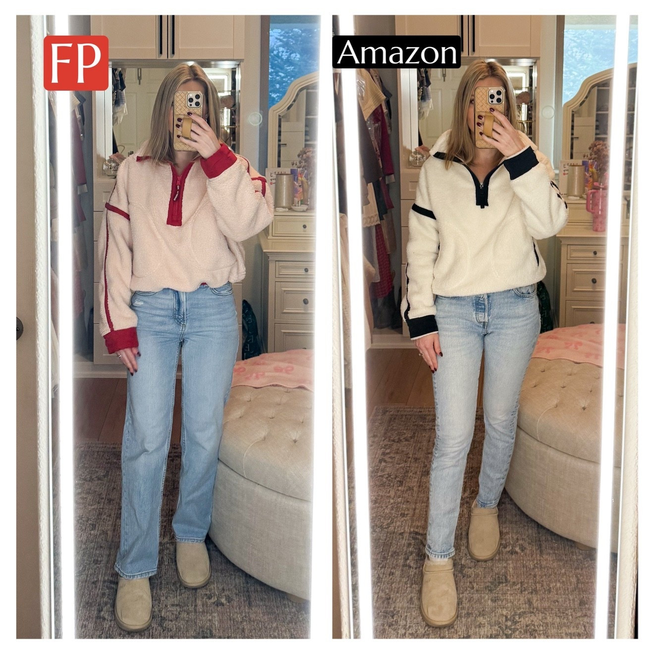 Side by side comparison of the real one and the dupe. I love them both! The Amazon one is a bit longer in the body. 





#LTKPetite #LTKmomlife #LTKootd