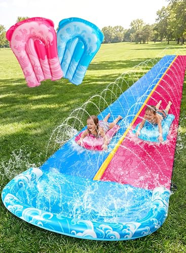 JOYIN 32.5FT Water Slide and 2 Inflatable Boards, Extra Long Heavy Duty Double Lawn Waterslide with Sprinkler for Kids Adults Backyard Summer Water Toy Outdoor Fun, Blue, Pink | Amazon (US)