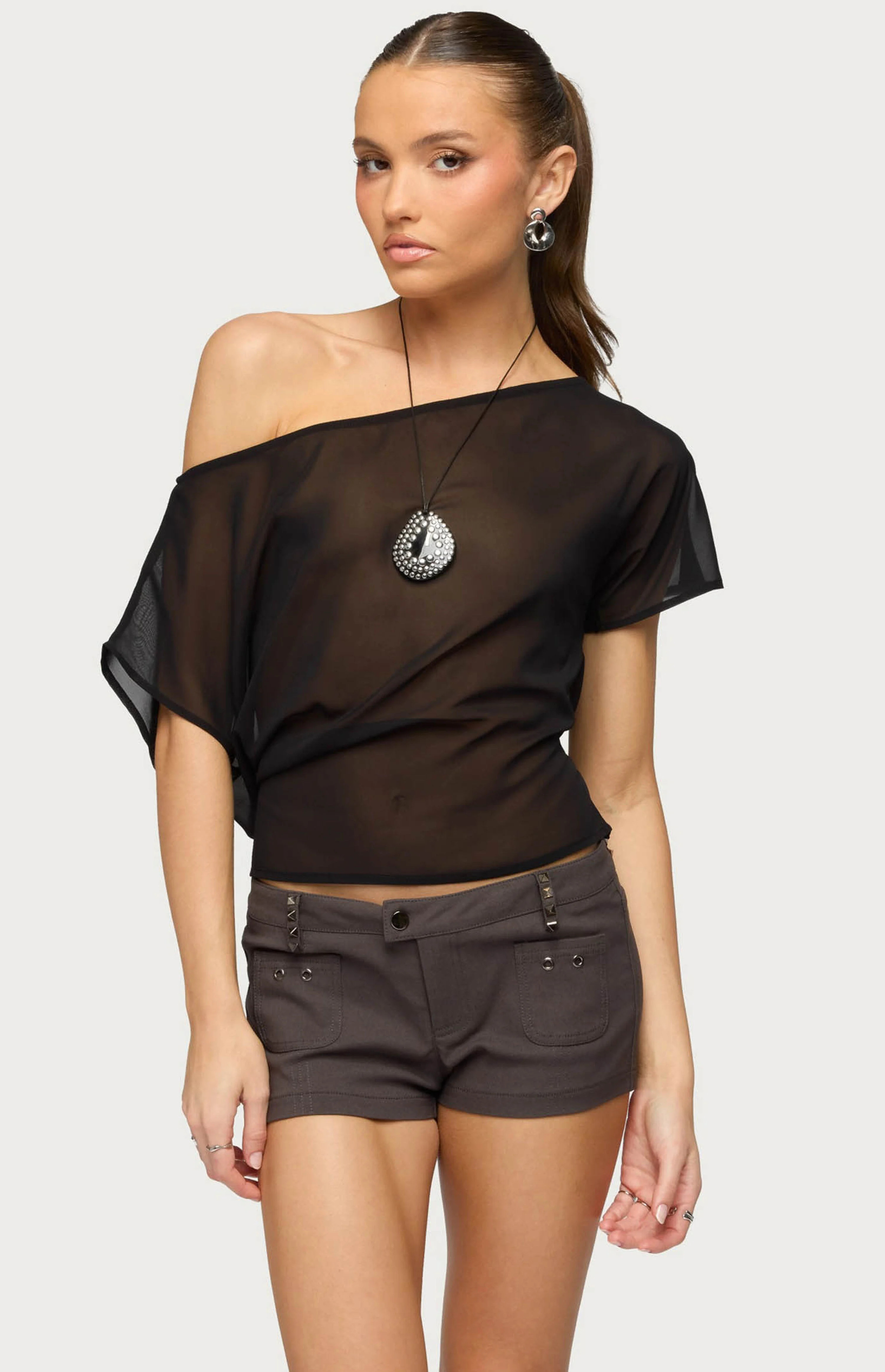 Edikted Noria Sheer Chiffon Off Shoulder Top | PacSun