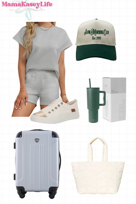 Travel outfit, matching set from Amazon, trucker hat, travel bag, carry on bag, carry on luggage, quilted bag, water cup, straw cup with handle, slip on sneakers, white sneakers, 


#LTKTravel #LTKItBag #LTKStyleTip