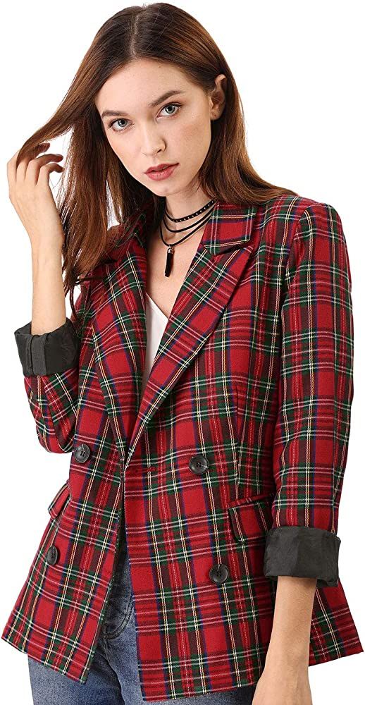 Allegra K Women's Notched Lapel Double Breasted Plaid Work Formal Blazer Jacket | Amazon (US)