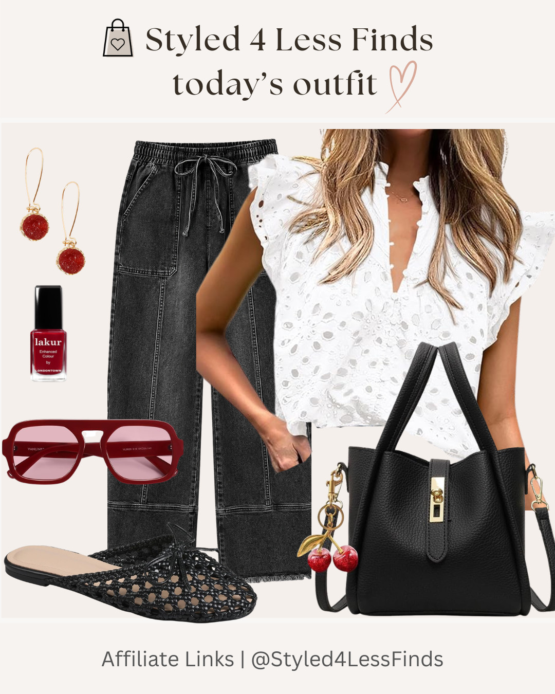 A little cherry-inspired styling 🍒 because the details really do make the outfit! I love how the cherry accents on the handbag add such a fun pop of personality to this otherwise classic black-and-white look. The wide-leg jeans keep it relaxed while the feminine eyelet top adds a pretty contrast.

Style Tip: When your outfit is mostly neutral, add one playful accessory—like a charm, colorful bag, statement earrings or bold sunglasses—to instantly make the look feel more personal and pulled together. ❤️ 

 #LTKcanada #LTKjeans #LTKover50style