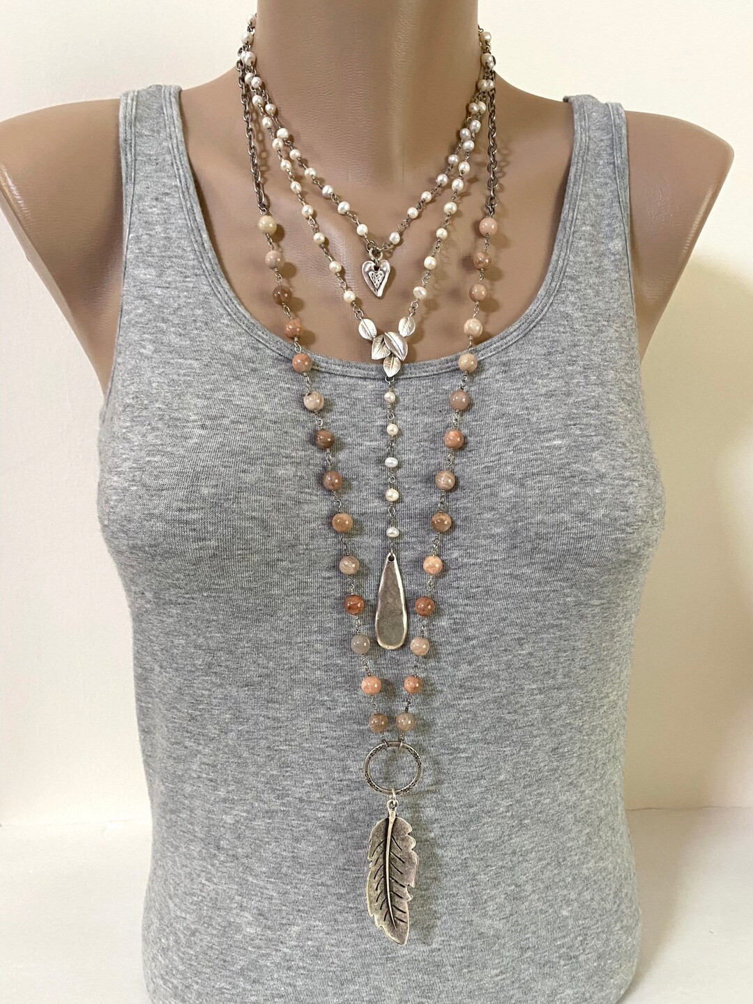 Layered Gemstone Necklace, Long and Layered Leaf Necklace, Autumn Jewelry | Etsy (US)